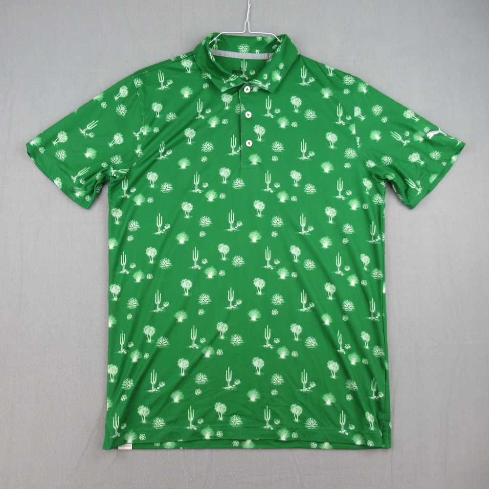 Puma Golf Polo Mens Medium Green Cactus Palm Tree Print Short Sleeve Shirt